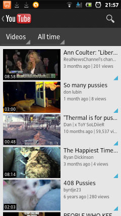 YouTube app results for 'cute pussies' (full filter)