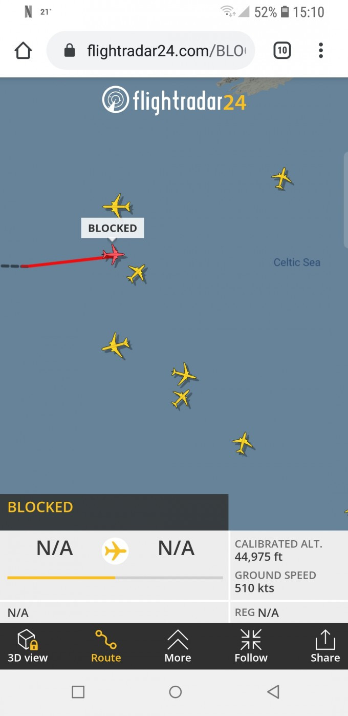 BLOCKED aircraft below Ireland in FlightRadar24 (full screenshot)