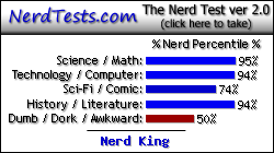 NerdTests.com says I'm a Nerd King. Click here to take the Nerd Test!